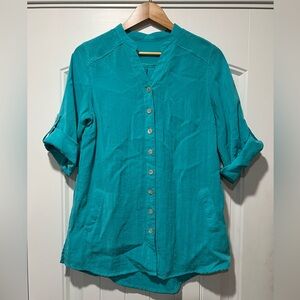 LINEN Teal Button-Up Women's Top